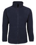 A navy polar fleece jacket featuring a zip front and pockets, with elastic cuffs and a stand-up collar.
