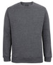 A grey jumper featuring a simple crew neck design and ribbed cuffs and hem. It has a branding label inside.