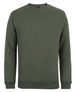 A green jumper with a round neckline and long sleeves, featuring a simple design and a logo.