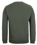 A khaki green jumper with a simple design, featuring a crew neck and long sleeves. It has a logo on the back.