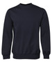 A navy blue jumper with a round neckline and long sleeves, featuring ribbed cuffs and hem. It has a logo.