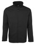 A black jacket featuring a zip front and high collar, designed for casual wear. It has branding on it.
