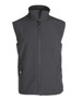 A black softshell vest with a high collar and zip closure, featuring two front pockets and a logo.