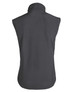 A dark grey softshell vest with a high collar, featuring a logo on the back.