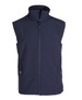 A navy softshell vest with a high collar and two zippered side pockets, featuring a branded logo.