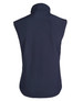 A navy softshell vest features a high collar and sleeveless design, with a logo on the back.