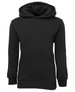 A black fleecy hoodie featuring a front pocket and a hood, ideal for kids. It has a branded logo.