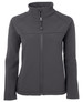 A softshell jacket in dark grey with a high collar and zip front, featuring a logo on the chest.