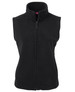 A black ladies' polar vest featuring a high collar and a front zip, with a logo present.