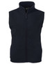 A navy fleece vest with a high collar and a zip front, featuring a logo on the chest.