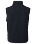 A black polar vest with no sleeves and a high collar, featuring a logo on the back.