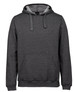A grey hoodie with a front pocket and drawstring hood. It has a branded logo on the front.