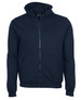 A dark navy hoodie with a zip front, featuring a hood and two front pockets. It has a logo on the interior tag.