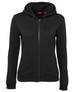 A black ladies' full zip hoodie featuring a hood and front pockets, with a logo on the garment.