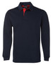 A dark navy rugby shirt with a red collar and a logo on the chest. Long sleeves complete the design.