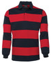 A rugby shirt featuring red and navy striped patterns with a collar. It has long sleeves and a logo.