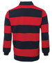 A rugby shirt featuring navy and red horizontal stripes, with a collar and long sleeves. It has a logo on the side.