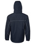 A navy rain jacket featuring a hood and contrasting piping. The back view displays a clean design with a logo.