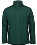 A dark green soft shell jacket with a full zip and side pockets, featuring a logo on the chest.