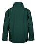 A soft shell jacket in dark green with a high collar and long sleeves, featuring branding on the back.