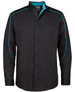 A black button-up shirt featuring contrasting turquoise detailing and two chest pockets. It has a logo on the label.