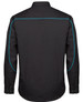 A black long-sleeve button-up shirt with blue piping and a logo on the back.