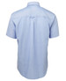 A light blue short-sleeve Oxford shirt with a back pleat and a logo on the label.