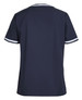 A navy scrub top with white contrast stripes on the sleeves, featuring a simple design and a back view.