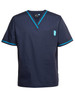 A navy unisex scrubs top featuring contrast turquoise trim and a pocket, with a logo on the chest.