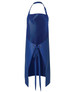 A blue vinyl bib apron featuring an adjustable neck strap and tie fastening, with a logo on the front.