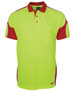 A bright yellow and red polo shirt with a pocket and a logo. Features a sporty design and short sleeves.