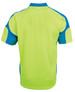 A short-sleeved polo shirt in bright lime green with blue arm panels and a logo.