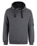 A grey work hoodie featuring a front pocket and a hood. It includes a sleeve with a logo or branding.