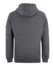 A grey work hoodie featuring a hood and long sleeves, with a logo on one sleeve.