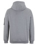 A grey hoodie with a hood and long sleeves, featuring a side pocket and a branding logo.