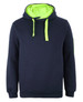 A navy work hoodie with a green hood and drawstrings, featuring a front pocket and a logo on the sleeve.