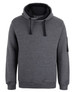 A grey hoodie with a black-lined hood and a sleeve pocket, featuring a logo.
