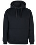 A black work hoodie featuring a front pocket and a hood, with a logo on the sleeve.