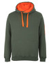 A green work hoodie with an orange inner lining and drawstrings, featuring a front pocket and a logo on the sleeve.