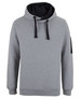 A grey hoodie with a black hood and drawstrings, featuring a logo on the sleeve.