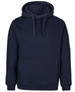 A navy blue work hoodie with a kangaroo pocket and a hood. It features a branded logo on one sleeve.