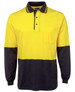 A long-sleeve cotton polo shirt featuring yellow and navy panels, with a pocket and a logo.
