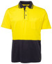 A yellow and navy polo shirt with a pocket and a logo, featuring a collared neckline and contrasting stripes.