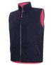 A navy vest with a high collar, featuring a front zipper and pink lining, along with side pockets.