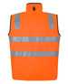 An orange safety vest with reflective silver stripes and a high collar. It features a logo on the back.