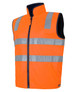 An orange safety vest featuring reflective strips, designed for visibility and uniform use. Includes a logo on the fabric.
