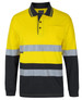 A long-sleeve cotton polo in bright yellow with grey reflective stripes and a black lower section. It features a chest pocket and branding.