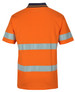 An orange polo shirt with reflective stripes, featuring a navy collar and a logo on the back.