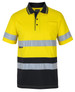 A high-visibility yellow cotton polo shirt with black stripes and reflective tape, featuring a chest pocket and logo.