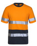 An orange and navy work t-shirt featuring reflective stripes and a pocket. It has a logo on the label.